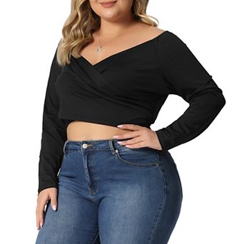 Women's Plus Size Long Sleeve V Neck Casual Off Shoulder Cross Wrap Tee Shirt Blouse