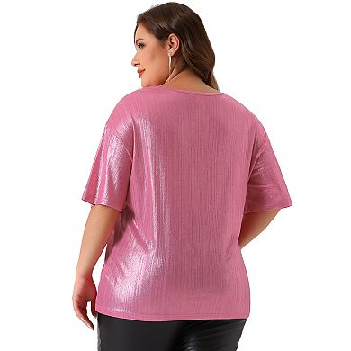 Plus Size Top for Women Metallic Round Neck Short Sleeve T-Shirt Party Blouses Tee Tops