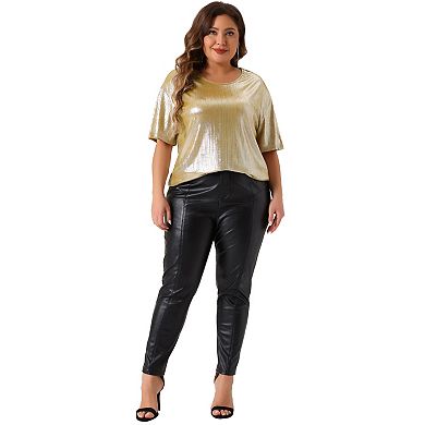 Plus Size Top For Women Metallic Round Neck Short Sleeve T-shirt Party Blouses Tee Tops