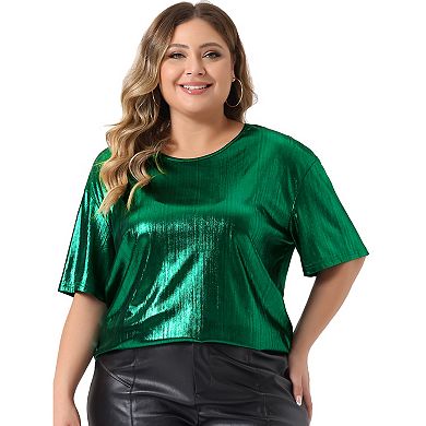 Plus Size Top for Women Metallic Round Neck Short Sleeve T-Shirt Party Blouses Tee Tops