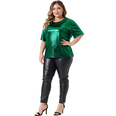 Plus Size Top for Women Metallic Round Neck Short Sleeve T Shirt Party Blouses Tee Tops