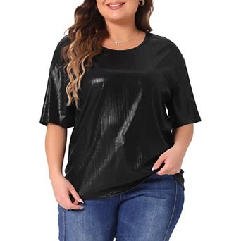 Plus Size Top for Women Metallic Round Neck Short Sleeve T-Shirt Party Blouses Tee Tops