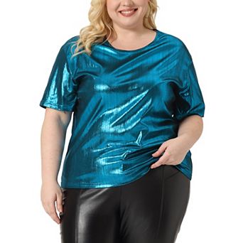 Plus Size Top for Women Metallic Round Neck Short Sleeve T-Shirt Party Blouses Tee Tops