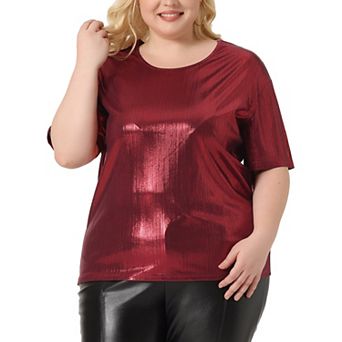 Plus Size Top For Women Metallic Round Neck Short Sleeve T-shirt Party Blouses Tee Tops