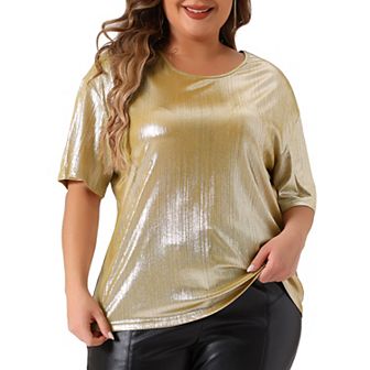 Plus Size Top For Women Metallic Round Neck Short Sleeve T-shirt Party Blouses Tee Tops