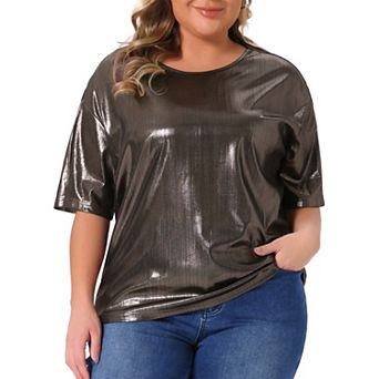 Plus Size Top for Women Metallic Round Neck Short Sleeve T-Shirt Party Blouses Tee Tops