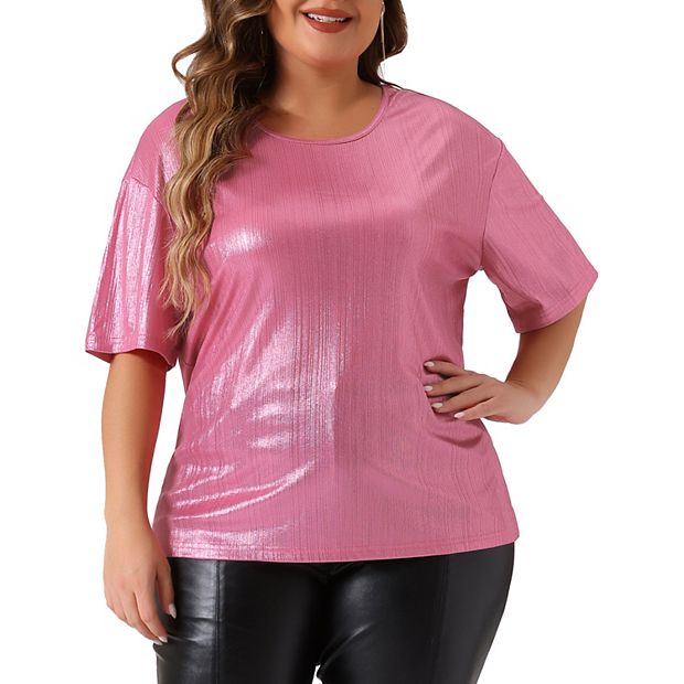 Plus Size Top for Women Metallic Round Neck Short Sleeve T