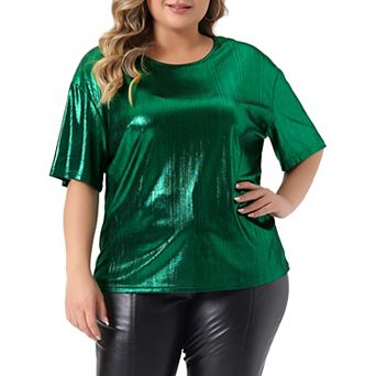 Plus Size Top for Women Metallic Round Neck Short Sleeve T-Shirt Party Blouses Tee Tops