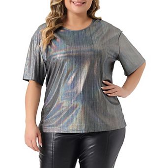 Plus Size Top for Women Metallic Round Neck Short Sleeve T-Shirt Party Blouses Tee Tops
