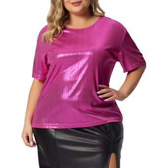 Plus Size Top for Women Metallic Round Neck Short Sleeve T-Shirt Party Blouses Tee Tops