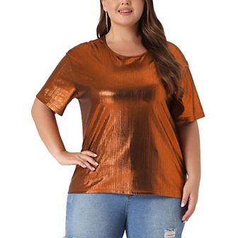 Plus Size Top For Women Metallic Round Neck Short Sleeve T-shirt Party Blouses Tee Tops