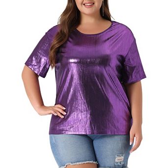 Plus Size Top For Women Metallic Round Neck Short Sleeve T-shirt Party Blouses Tee Tops