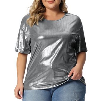 Plus Size Top For Women Metallic Round Neck Short Sleeve T-shirt Party Blouses Tee Tops