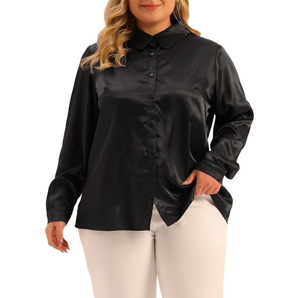 Plus Size Shirt for Women Work Tops Collar Button Down Shirt Satin Top
