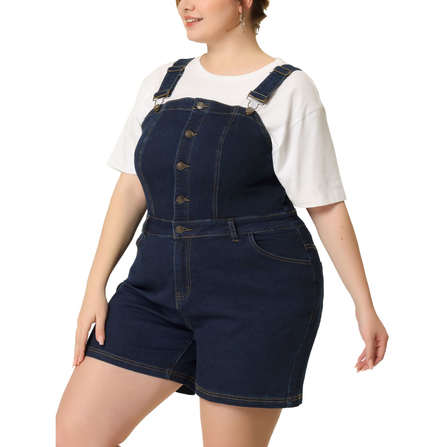 Agnes Orinda Women's Plus Size Casual Stretch Adjustable Denim Bib Overalls Jeans  Pants Jumpsuits Blue 1X 