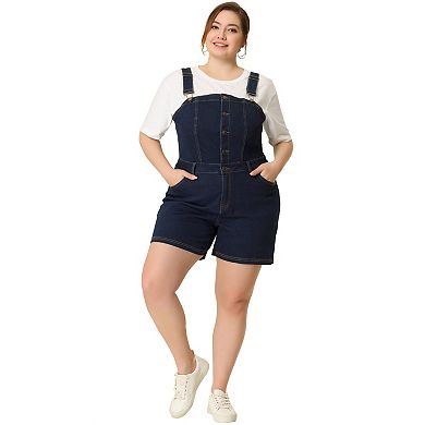 Women's Plus Size Fashion Single Breasted Bib Denim Short Jumpsuit Dark Blue 3X