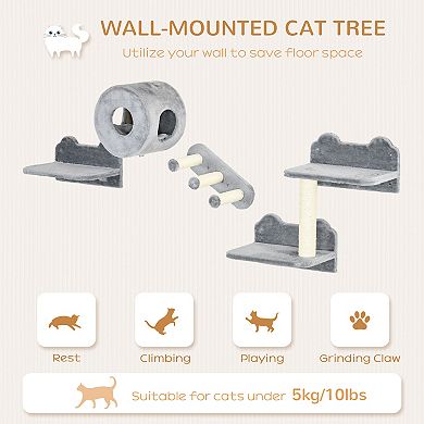 Pawhut Cat Wall Shelves With Condo, Scratching Post, Platforms, 3 Steps - Gray