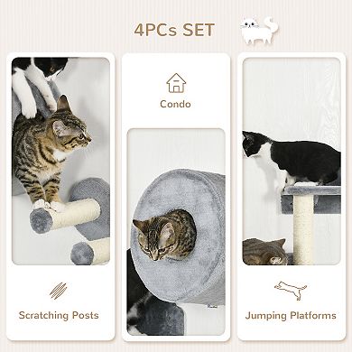 Pawhut Cat Wall Shelves With Condo, Scratching Post, Platforms, 3 Steps - Gray