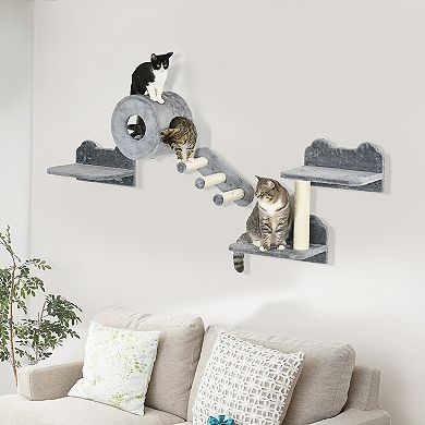 Pawhut Cat Wall Shelves With Condo, Scratching Post, Platforms, 3 Steps - Gray