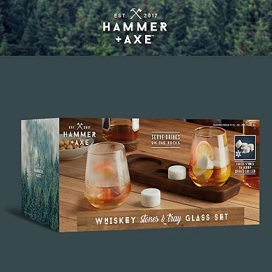 Hammer & Axe Whiskey Stones & Tray Glass Set