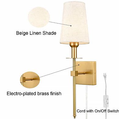 Gold Wall Sconce Sets of 2 Beige Linen Shade Plug-in Porch Light