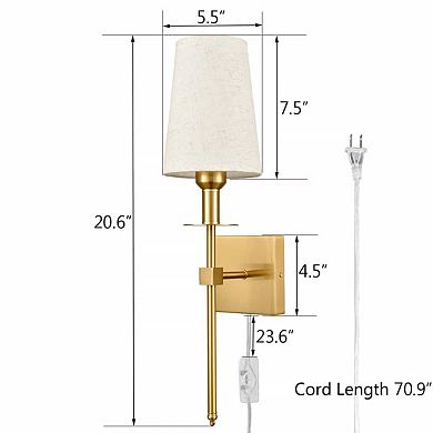 Gold Wall Sconce Sets of 2 Beige Linen Shade Plug-in Porch Light