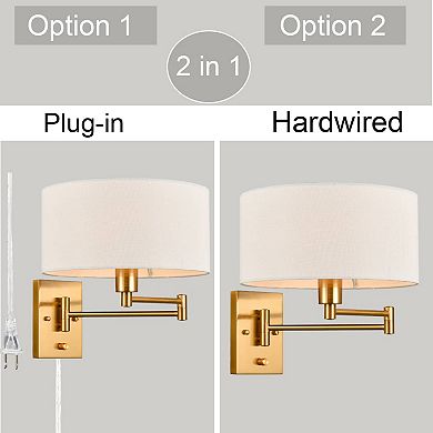 Farmhouse Plug in Wall Sconces Set of Two Brass Swing Arm Wall Lamp with Fabric Shade