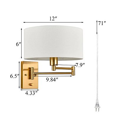 Farmhouse Plug in Wall Sconces Set of Two Brass Swing Arm Wall Lamp with Fabric Shade