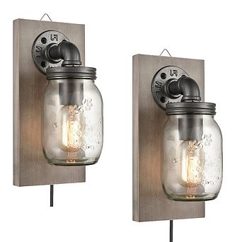 Rustic Plug-in Mason Jar Bedroom Wall Sconce Wood Plate 2-Pack