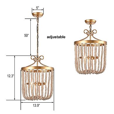 Vintage Wood Beaded Pendant Light 3-Light Modern Chandelier