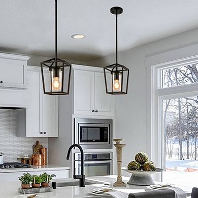 Black Cage Pendant Light with Mini Glass Cylinder Shade