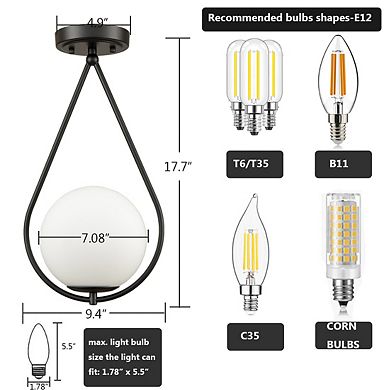 Modern Globe Opal Glass Semi Flush Ceiling Light, Black