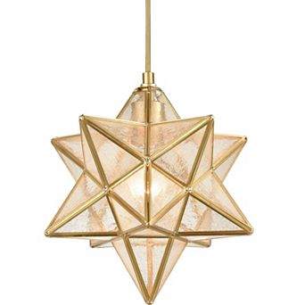 Brass Moravian Star Pendant Light Seeded Glass Shade 11 in