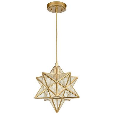 Brass Moravian Star Pendant Light Seeded Glass Shade 11-In