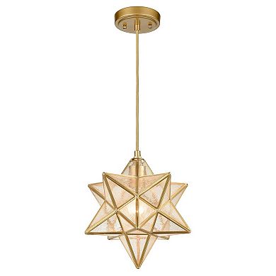 Brass Moravian Star Pendant Light Seeded Glass Shade 11-In