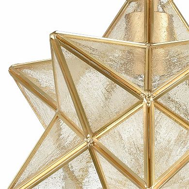 Brass Moravian Star Pendant Light Seeded Glass Shade 11-In
