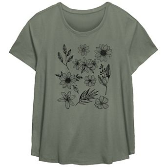 Plus Size Line Drawn Flower Grid Flowy Graphic Tee