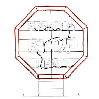 National Tree Company 44" LED Light-Up 2D Neon "SANTA STOP HERE" Christmas Sign