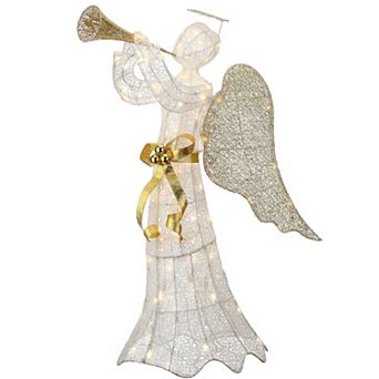 National Tree Company 51" Pre-Lit White Mesh Angel with Trumpet Floor Decor