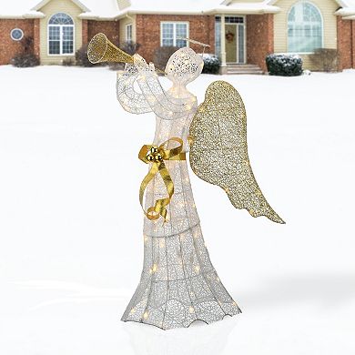 National Tree Company 51" Pre-Lit White Mesh Angel with Trumpet Floor Decor