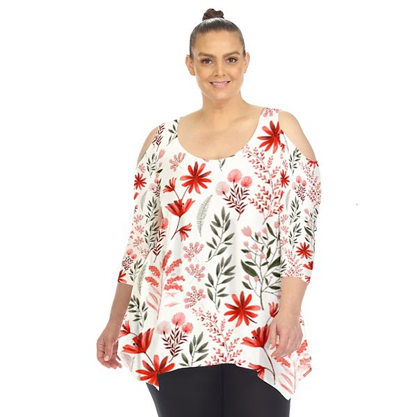 Plus Size Floral Printed Cold Shoulder Tunic