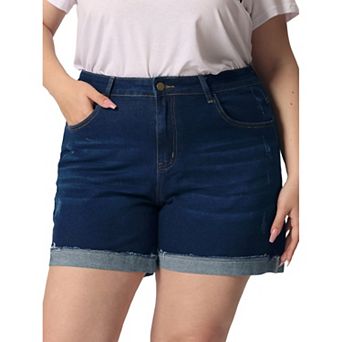 Plus Size Women Denim Shorts Roll Hem Mid Rise Stretch Short Pant 2023