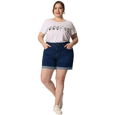 Plus Size Women Denim Shorts Roll Hem Mid Rise Stretch Short Pant 2023