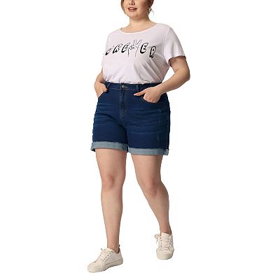 Plus Size Women Denim Shorts Roll Hem Mid Rise Stretch Short Pant 2023