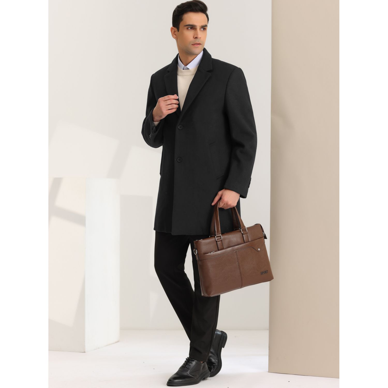 Men's Notched Lapel Collar Wool Blend Navy Overcoat: Buy Online - Happy Gentleman