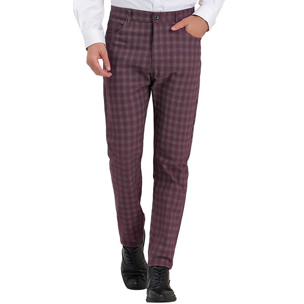 Men's Plaid Dress Pants Stretch Slim Fit Flat Front Checked Chino Trousers