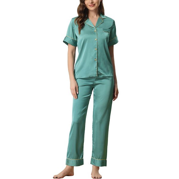 cheibear Women's Satin 3/4 Sleeve Button Down Nightshirt Blue X-Small