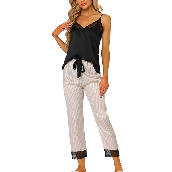Women's Satin Lounge Stripe Lace Trim Cami Tops And Pants