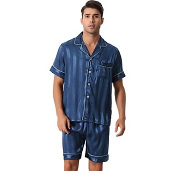 Men Satin Button Down Striped Short Sleeve and Shorts Pajama Set