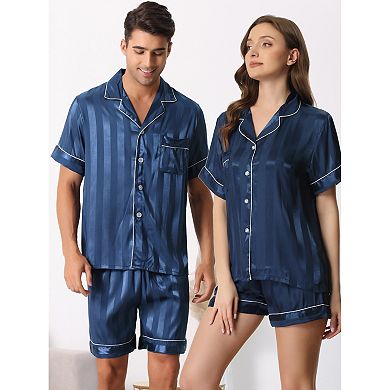 Men Satin Button Down Striped Short Sleeve and Shorts Pajama Set